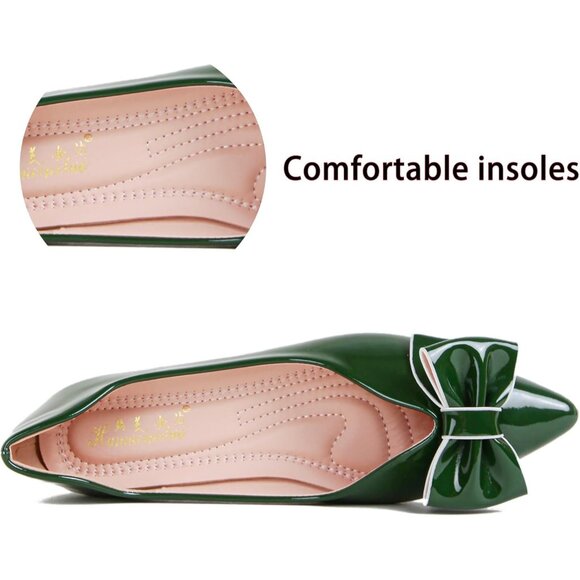 Women Blackish Green Artificial lacquer leather Pointed Toe Bow Foam Flats - Picture 2 of 5